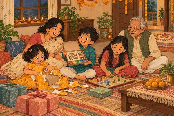 दिवाली की शाम मिट्टी के दीयों के पास बच्चों को सादे दिवाली गिफ्ट खोलते देखता भारतीय परिवार