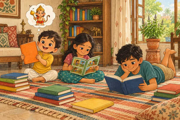 Indian children reading mythology books for kids as Hanuman Ji appears above an illustrated Hanuman Chalisa book