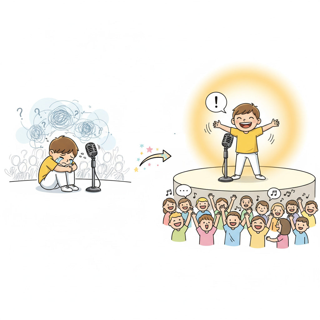 Fearful child stepping into courage on stage