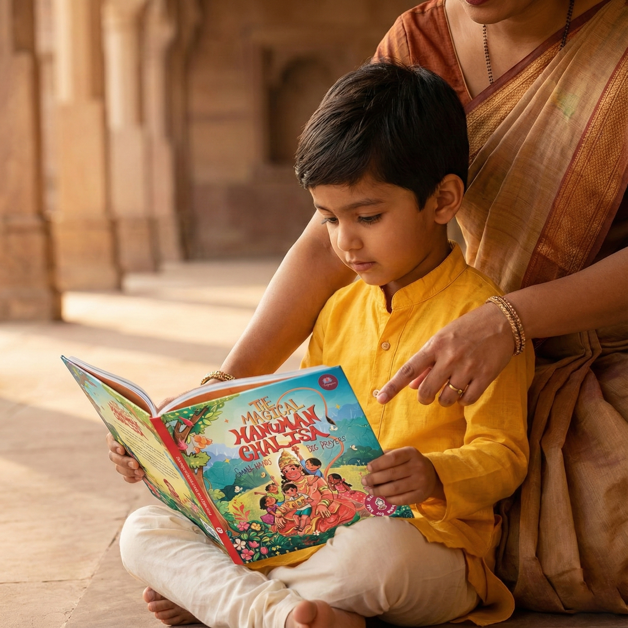 Parent and child reading the Hanuman Chalisa together